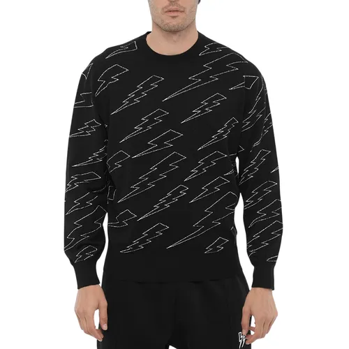 Áo Nỉ Sweater Nam Neil Barrett Lightweight Cotton Crewneck With Thunderbolts Embroidery NBV7MA096A Màu Đen Size XS