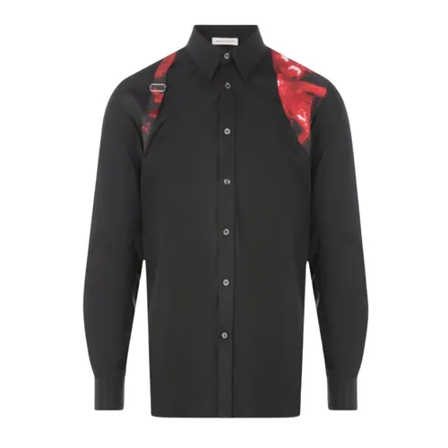 Áo Sơ Mi Nam Alexander McQueen Black Cotton Poplin Harness Wax Flower-print 795126 QNAAD 1000 Màu Đen Size 15