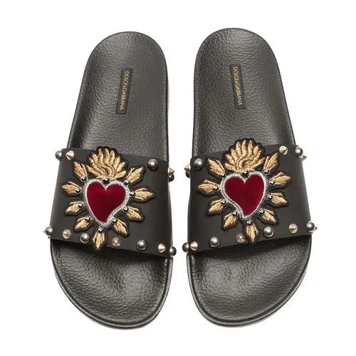 Dép Dolce & Gabbana Slippers In Rubber And Calfskin With Heart Patches Màu Đen&nbsp;Size 40