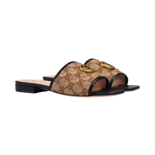 Dép Nữ Gucci GG Matelassé Canvas Slip Sandals Màu Nâu Be Size 35
