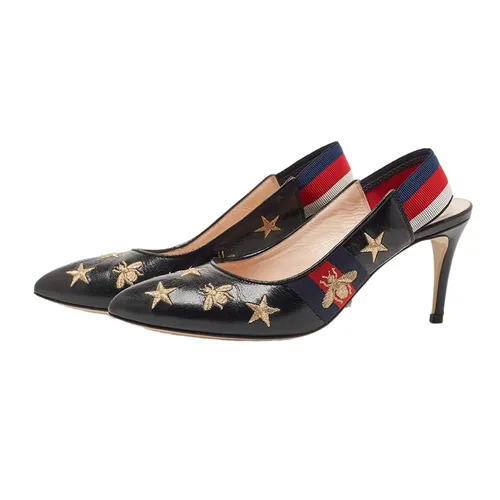 Giày Cao Gót Nữ Gucci Black Bee Star Embroidered Leather Web Sylvie Slingback Pumps Phối Màu Size 38