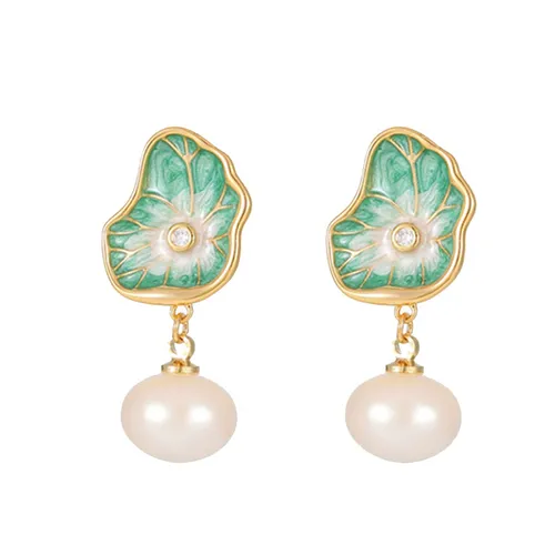 Khuyên Tai Nữ Jessica Pearl Lotus Leaf JE66 Màu Xanh Vàng