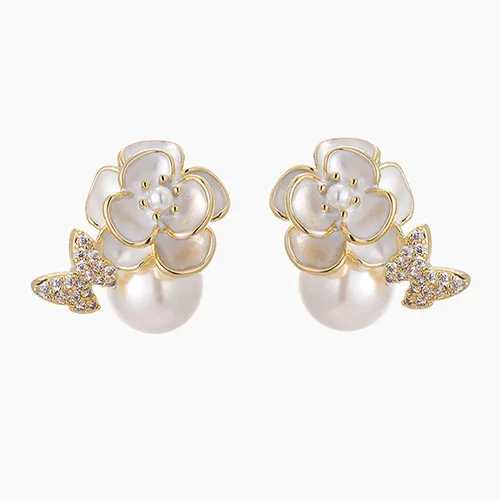 Khuyên Tai Nữ Jessica Pearl Tiny Camellia JE62 Màu Trắng Vàng