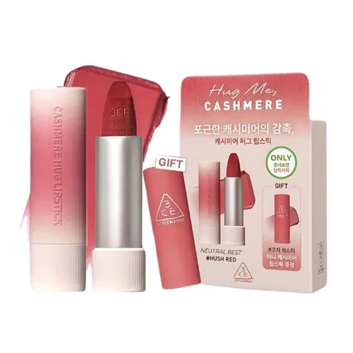 Set Son Lì 3CE Cashmere Hug Lipstick (07 Knit Đỏ Nâu Fullsize + Mini 05 Cozy Whisper Hồng Rose)