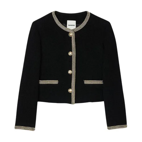 Áo Khoác Nữ Sandro Cropped Tweed Jacket Black/Gray SFPVE01071 Màu Đen Size 36