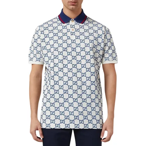 Áo Polo Nam Gucci GG Monogram Stretch Cotton White Blue 598956 XJB0U 9064 Màu Xanh Phối Trắng Size XL