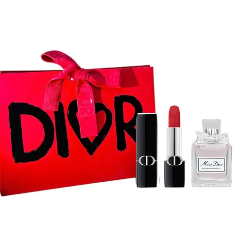 Set Dior 3 Món (Son Rouge Dior Velvet 764 Rouge Gipsy Màu Đỏ Hồng 3.5g + Nước Hoa Miss Dior Blooming Bouquet 5ml + Túi Giấy)