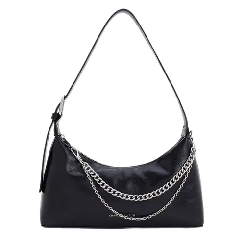 Túi Đeo Vai Nữ Charles & Keith Atwood Crinkle Effect Chain Embellished Noir Shoulder Bag CK2-40782472 Màu Đen Bạc