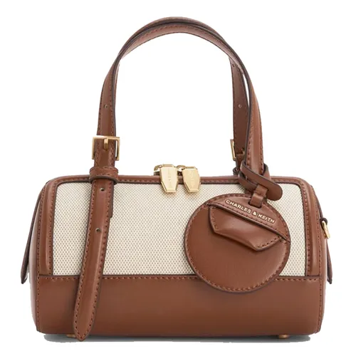 Túi Tote Nữ Charles & Keith CNK Enola Canvas Two-Tone Cylindrical Handbag Chocolate CK2-30671730-1 Màu Be Nâu