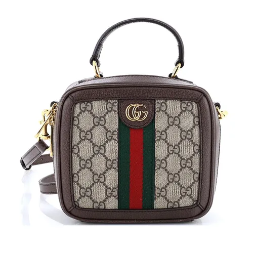 Túi Xách Tay Nữ Gucci Ophidia Zip Around Top Handle Bag GG Coated Canvas With Leather Mini Handle Bag Màu Nâu