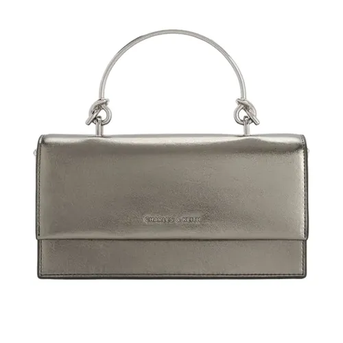 Ví Nữ Charles & Keith CNK Metallic Sculptural Handle Rectangular Long Wallet Beige Grey CK6-10840559-A_PEWTER Màu Xám Be