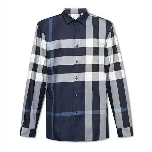 Áo Sơ Mi Nam Burberry Check-Print Long-Sleeve Cotton Shirt 8071536 Màu Xanh Xám Size M