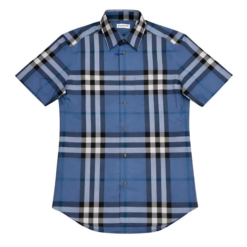 Áo Sơ Mi Nam Burberry Checked Cotton Short-Sleeved In Linen Blue 81117771 Màu Xanh Blue Size XS