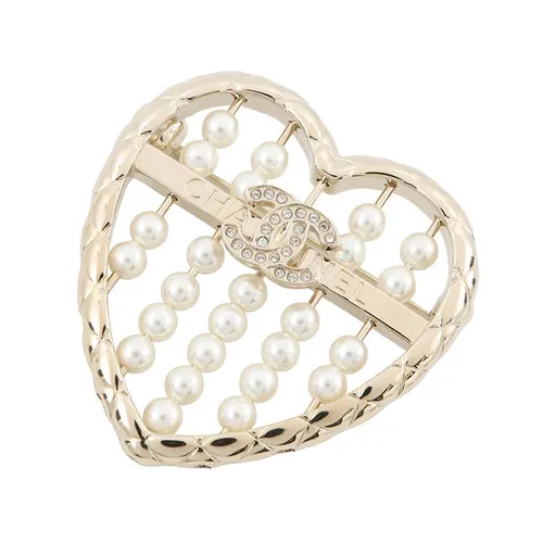 Cài Áo Nữ Chanel Heart Brooch Gold Plated Faux Pearl Rhinestone ABG046 Màu Trắng
