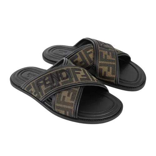 Dép Nam Fendi FF Jacquard Fabric Sandal With Embroidered Logo 7X1548 AJZEF0R7R Màu Đen Size 6