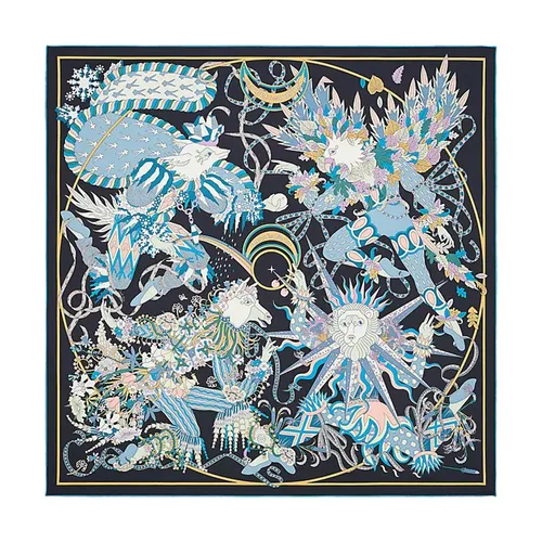 Khăn Lụa Nữ Hermès Le Sacre Des Saisons Scarf 90 Bleu Noir / Ciel / Rose Màu Xanh Đen