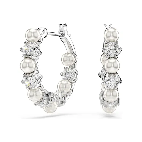 Khuyên Tai Nữ Swarovski Matrix Hoop Earrings Crystal Pearl, Round Cut, White, Rhodium Plated 5709256 Màu Bạc