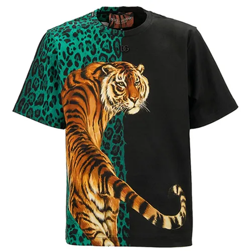 Áo Phông Nam Dolce & Gabbana D&G T-Shirt Oversize Con Stampa Leopardo E Tigre Verde E Nero Màu Đen Xanh Size 44