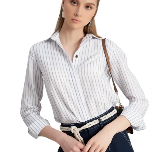 Áo Sơ Mi Nữ F2 Fashion & Freedom White And Blue Linen Shirt Hello New Day SMW360-Trắng Xanh-S-0323 Màu Trắng Xanh Size S