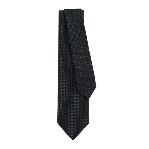 Cà Vạt Hermès Necktie Wide Fathone H Jacquard H-Weave Silk Màu Đen