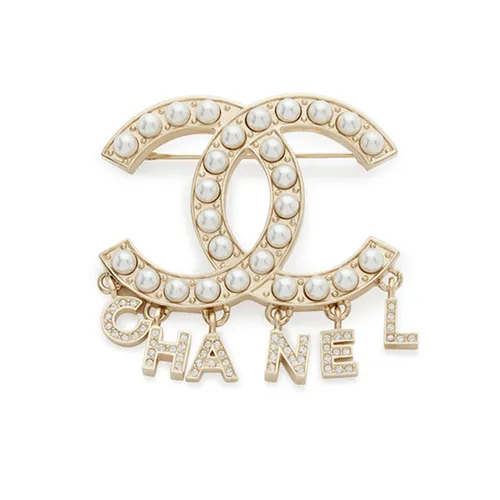 Cài Áo Chanel Strass Imitation Pearl And Light Gold Metal CC Brooch Màu Trắng Vàng