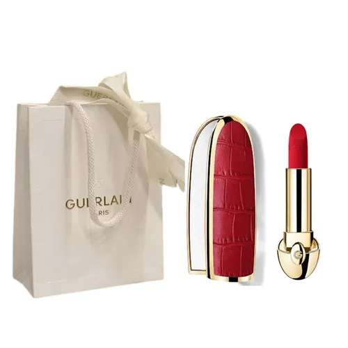 Combo Vỏ Son Le Croco + Son Guerlain Rouge G Velvet 456 Le Rouge Corail Đỏ San Hô + Túi Giấy