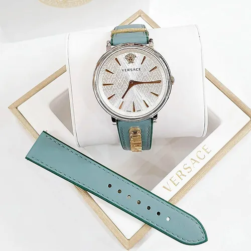 Đồng Hồ Nữ Versace V-Circle Dây Da 38mm Màu Xanh Bạc
