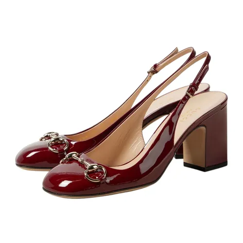 Giày Cao Gót Gucci Horsebit Patent Leather Slingback Pumps Màu Đỏ Đô Size 36