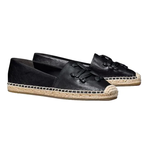 Giày Slip-On Nữ Tory Burch Woven Double T Aline Espadrille Nappa Leather Black Màu Đen Size 36.5