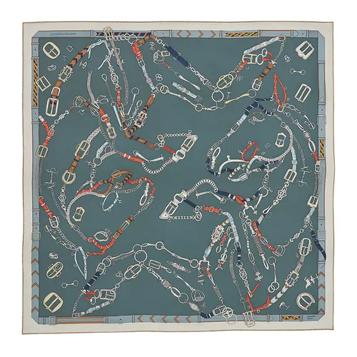 Khăn Nữ Hermès Les Chevaux Dechaines Scarf 90 Blanc/ Orange Cuit/ Gris H004096S 13 Màu Xanh Xám