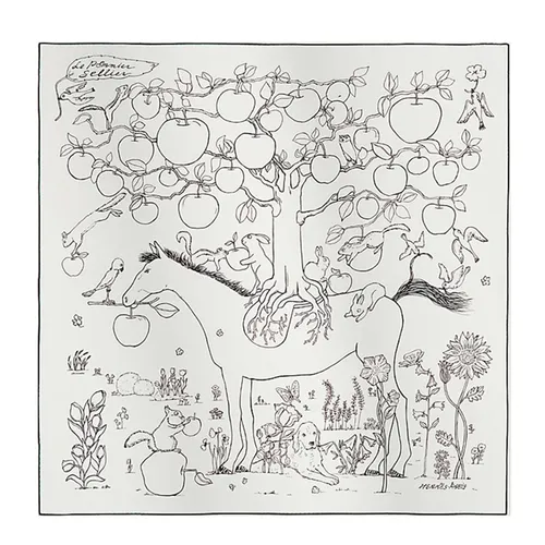 Khăn Lụa Nữ Hermès Le Pommier Sellier 90 Màu Trắng/Đen