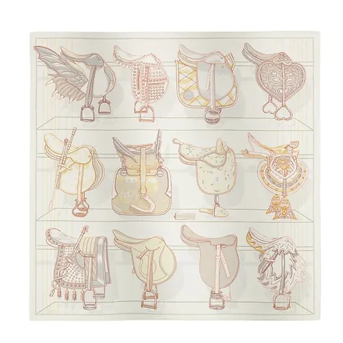 Khăn Lụa Nữ Hermès Tous En Selle Scarf 90 Blanc / Jaune Pâle / Gris Perle Màu Trắng/Xám