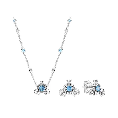 Set Dây Chuyền Và Khuyên Tai Pandora Cinderella Pumpkin Coach Màu Bạc Xanh