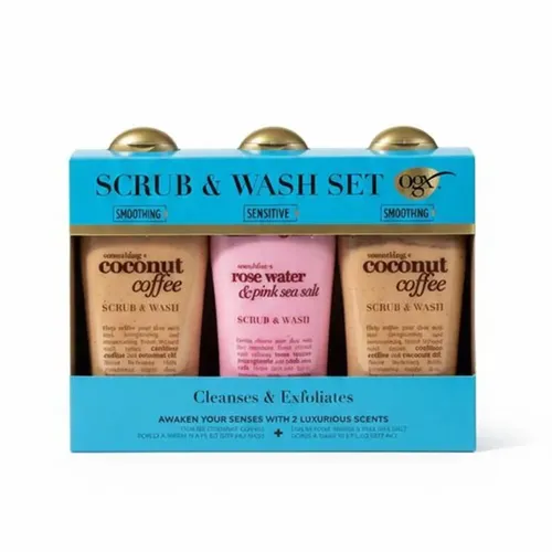 Set Sữa Tắm Hỗ Trợ Làm Sạch Và Dưỡng Da Trắng Mịn OGX Beauty Body Scrub And Wash Set 3 Món