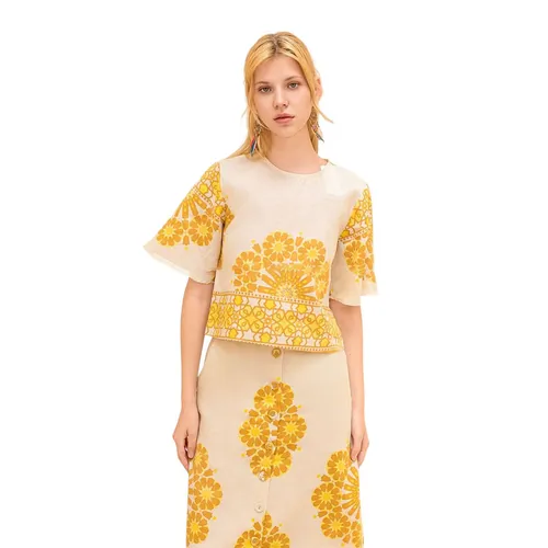 Áo Kiểu Nữ F2 Fashion & Freedom Linen AK636-VHT-S-0824 Màu Trắng Phối Vàng Size S