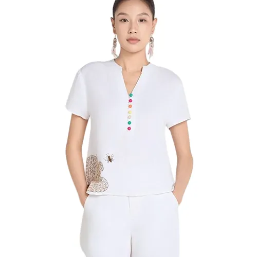 Áo Kiểu Nữ F2 Fashion & Freedom White Linen Blouse Embroidered With A Touch Of Effortless Elegance AK641-TRANG THEU-S-0325 Màu Trắng Size S
