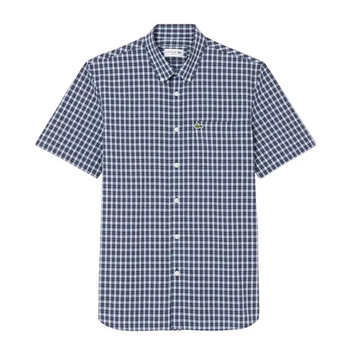 Áo Sơ Mi Cộc Tay Nam Lacoste Men's Short Sleeve Plaid Shirt With Button Closure CH0744 QRN Màu Xanh Navy Size 39
