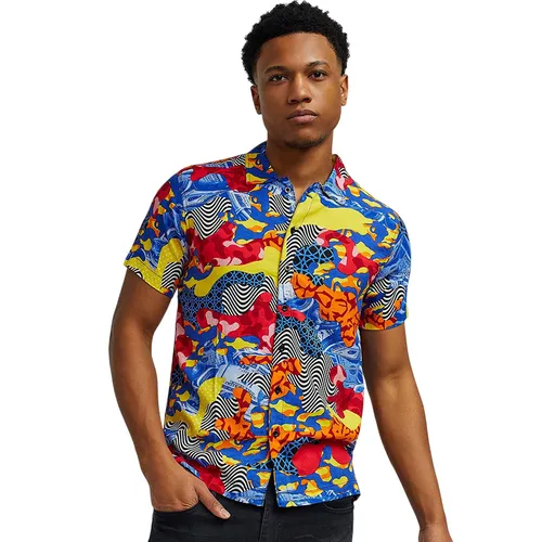 Áo Sơ Mi Nam Reason Clothing Multi VS1-16 Wavy Allover Print Short Sleeve Shirt Phối Màu Size XS