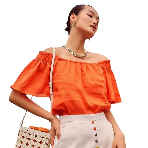 Áo Trễ Vai Nữ F2 Fashion & Freedom Summer Muse Orange Linen Blouse AK518-C-S-0622 Màu Cam Size S