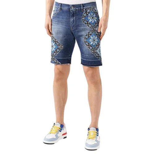Quần Short Nam Dolce & Gabbana D&G Stretch Denim Bermuda Shorts With Maiolica Print Màu Xanh Họa Tiết Size 46
