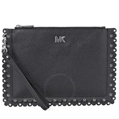 Ví Cầm Tay Michael Kors MK Medium Scallop Leather Zip Pouch- Black Màu Đen