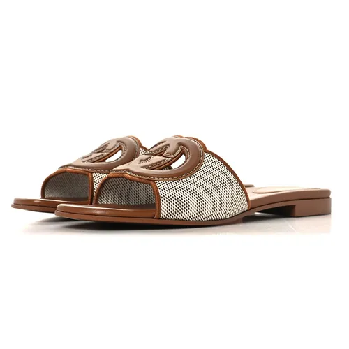 Dép Nữ Gucci Canvas Rice Cosmos Softy Calfskin Interlocking G Cut Out Slide Sandals Màu Nâu Size 37