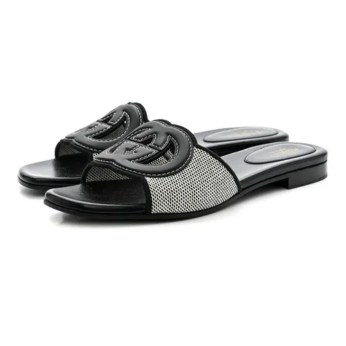 Dép Nữ Gucci Cosmo Softy Calfskin Canvas Interlocking G Cut Out Slide Sandals Natural Black Màu Đen Size 37