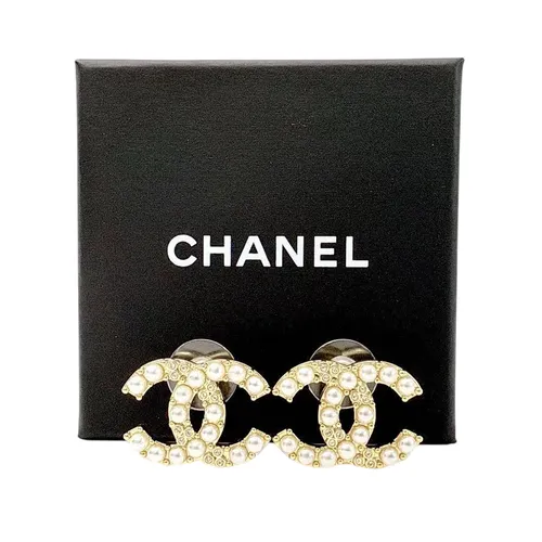 Khuyên Tai Nữ Chanel CC Logo Pearl And Rhinestone Earrings Màu Vàng Gold