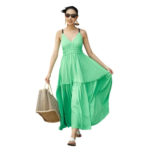 Đầm Nữ F2 Fashion & Freedom Women's De Soleil Green Silk Dress DT-D707-XL-S-0523 Màu Xanh Green Size S
