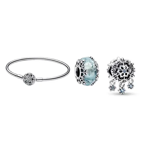 Set Vòng Tay Và Charm Pandora Moments Sparkling Snowflake Clasp Bangle Màu Bạc Xanh