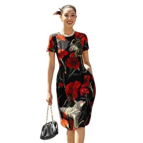 Váy Xòe F2 Fashion & Freedom Women's Black Brocade Dress With Red Floral Pattern A Symbol Of Freedom D580-DHD-S-0723 Màu Đen - Đỏ Size S