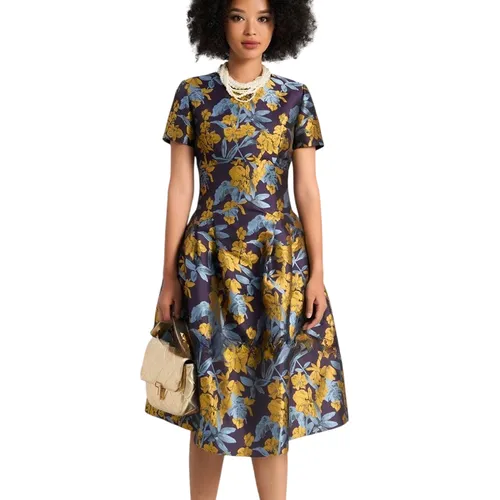 Váy Xòe Nữ F2 Fashion & Freedom Women's Brocade Dress In Blue And Yellow Colors Of Freedom D580-XV-S-0723 Màu Xanh Vàng Size S