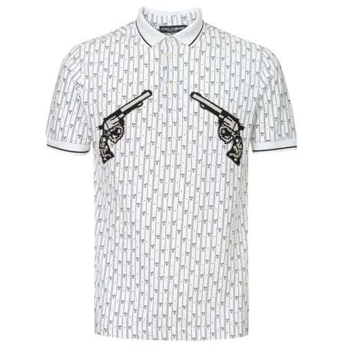 Áo Polo Nam Dolce & Gabbana D&G White Embroidered Allover Print Pique Shirt Màu Trắng Họa Tiết Size 46