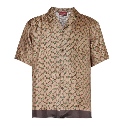 Áo Sơ Mi Nam Gucci Monogram-Pattern Camp-Collar Silk Shirt Màu Be Size 46